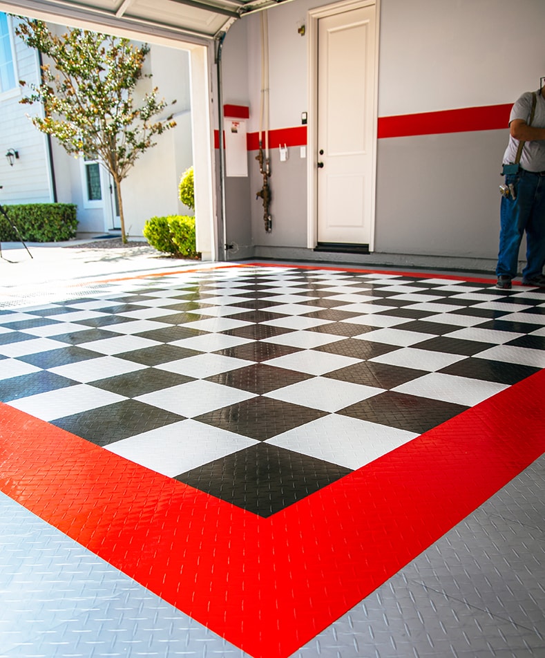 custom garage floor with checkerboard pattern